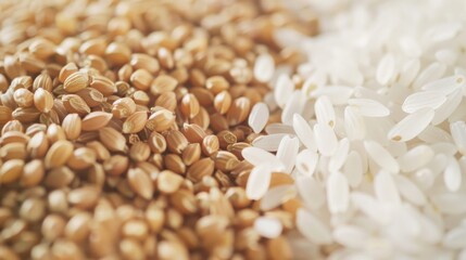 Poster - Close-up shot of brown grains of wheat beside white rice, showcasing the contrast in color and texture.