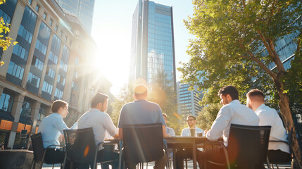 White collar workers meeting outdoors in a city 