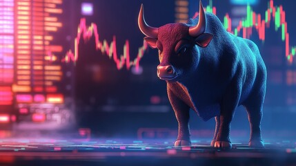 Poster - Bull with stock market graphs in the background, representing market optimism and growth.