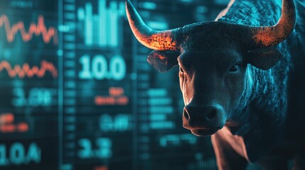 Poster - Bull with stock market indicators in the background, illustrating positive financial trends and market optimism.