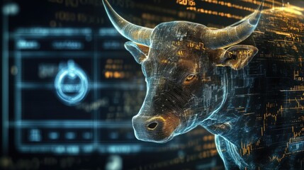 Poster - Bull with stock market indicators in the background, illustrating positive financial trends and market optimism.