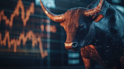 Poster - Bull with stock market indicators in the background, illustrating positive financial trends and market optimism.