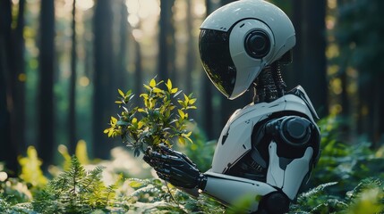 Poster - Eco-Innovator Robot, humanoid designer crafting sustainable products in an open workspace, blending technology with environmental consciousness and innovative design.
