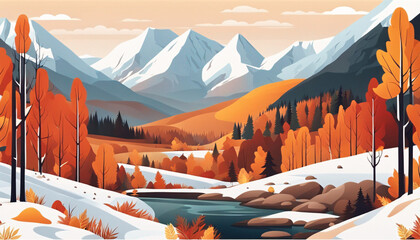 Wall Mural - Winter Mountain Landscape with Snowy Peaks and a Serene Village