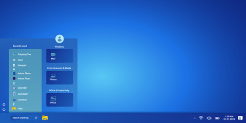 Poster - Modern desktop with start menu and programs on screen in blue color. Operating system window with control panel.