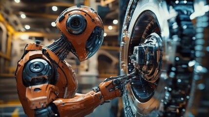 Poster - Humanoid Robot Engineer at Work, an advanced humanoid robot engaged in the maintenance of hydroelectric turbines, showcasing innovation in water energy technology in an open environment