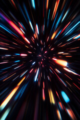 Wall Mural - neon light trails in motion. long exposure glow. warp speed effect. radial blur. sci-fi energy burst