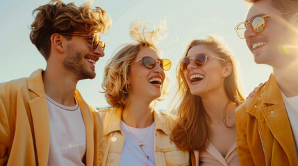 A group of happy friends in casual light clothes are walking on a sunny day. Modern men and women spend time together outdoors. Concept of fun, friendship and walking.