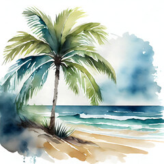 a minimalist watercolor painting of a palm tree on the beach with the ocean, intended for a logo or t-shirt, with clean lines and a modern feel, isolated on a white background.