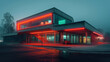 © altitudevisual - Modern building with a flat roof and large glass windows, illuminated by red neon lights, creating a futuristic ambiance on a foggy evening.