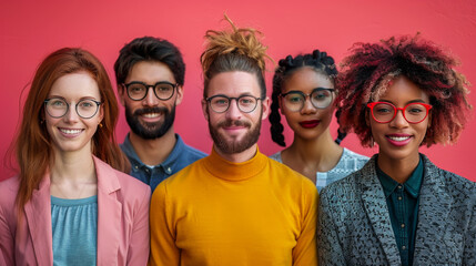 Multiracial group of people in casual clothes on a bright pink background. Young male and female colleagues spend time together. Lifestyle.