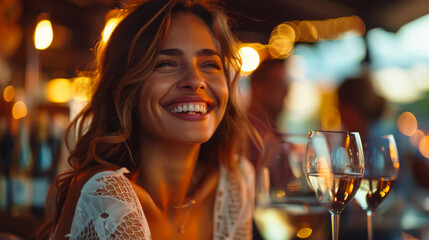 Wall Mural - Beautiful woman with wavy hair has fun while sitting in a restaurant. Young woman enjoying evening dinner indoors. Lifestyle.