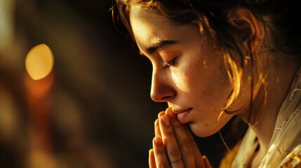 Close-up of a religious girl praying with folded hands in the rays of the sunset. A beautiful woman is religious and spends time alone with herself. Religion concept.