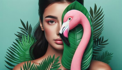 A woman with flawless skin peeks from behind a pink flamingo and lush tropical leaves, embodying exotic beauty and summer vibes..Concept: Summer, Beauty, Tropical