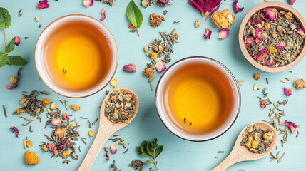 Two cups of herbal tea surrounded by loose tea leaves and dried flowers on a light blue background.