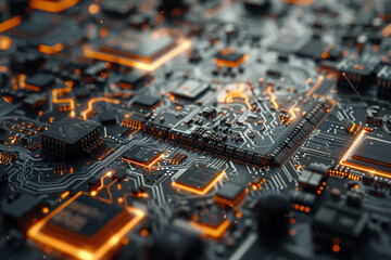 Microchips and electronic circuit boards. The main components in a computer.