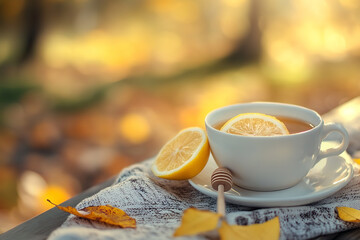 Canvas Print - Gentle Autumn Morning with Hot Tea - Lemon - and Honey  