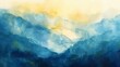© Drew - Misty blue mountains with golden horizon watercolor