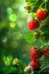 strawberry plant with fruit in plantation farm field