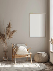 Wall Mural - A mockup of an empty frame or blank poster mounted on the wall. This frame is installed in the living room minimalistic design style.