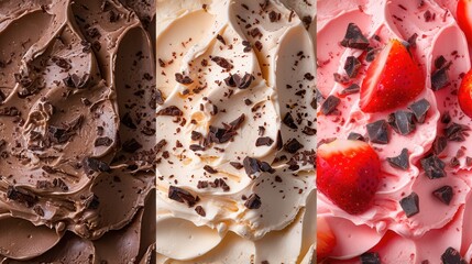 Wall Mural - Closeup texture collection of tasty ice cream. Strawberry, chocolate, vanilla flavor.