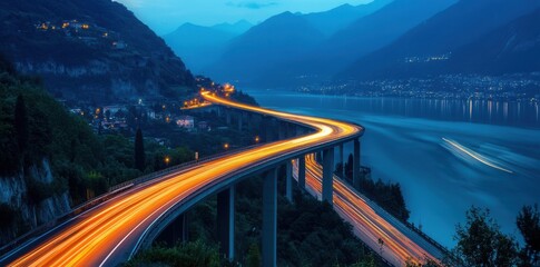 Wall Mural - Highway with light trails in the mountains at night, highway near lake and mountain range.