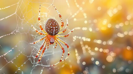 Wall Mural - A Spider in Its Web With Dew Drops and Bokeh Background