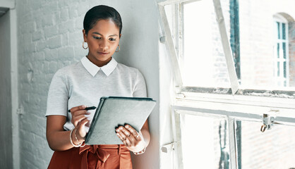 Poster - Research, businesswoman and tablet in office for reading, working and online information for publication. Creative agency, journalist and planning on digital for political story, article and editing