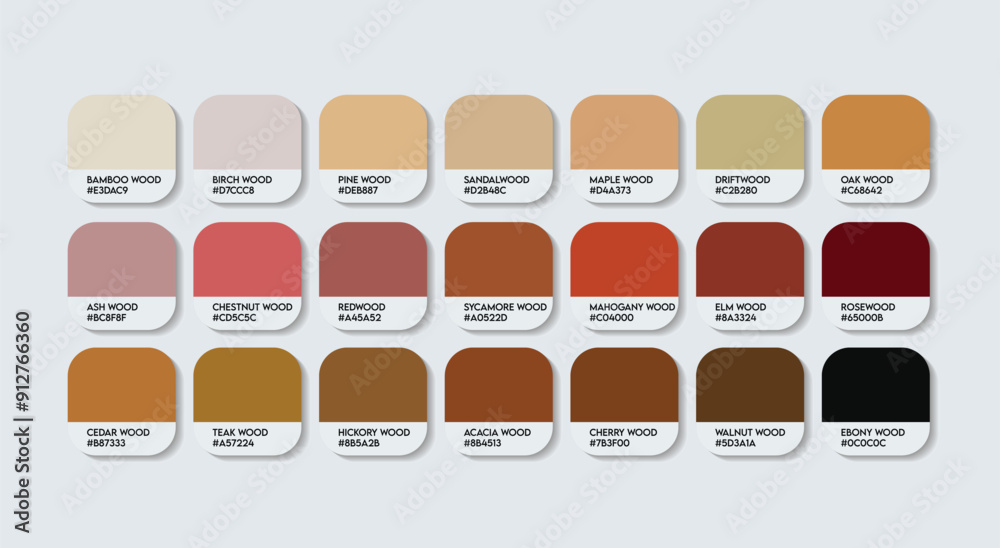 Wood Color Palette, Woon Color Guide Palette with Color Names. Catalog
