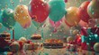 © AvectStock - A joyful birthday scene with balloons, confetti and gifts in the background, with focus on an elegant cake centered at front of frame
