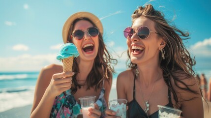 Young friends holding ice cream and laughing