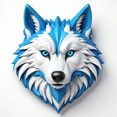 Sticker - blue theme wolf head cartoon 3d art logo design in plain white background