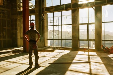 A construction worker stands in a sunlit, partially completed building, surveying the progress through large windows, with scaffolding visible outside.