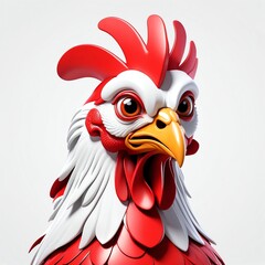 Sticker - red theme chicken head cartoon 3d art logo design in plain white background 3