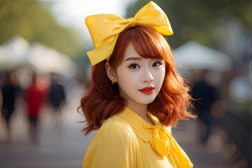 Wall Mural - A woman in a yellow dress with a yellow bow in her hair