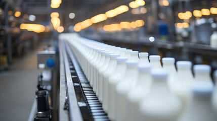 Wall Mural - Rows of Milk Pudding Bottles on Conveyor Belt in Dairy Factory