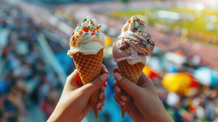 Hand holding a tasty ice cream in a sports stadium