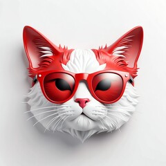 Sticker - red theme cat head cartoon with sunglasses 3d art logo design in plain white background 3