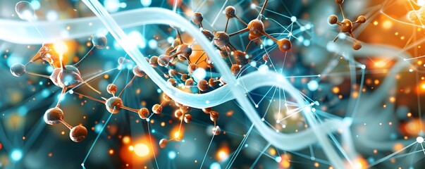 Wall Mural - Abstract Molecular Structure with Blue and Orange Lights.