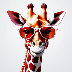 Poster - red theme giraffe head cartoon with sunglasses 3d art logo design in plain white background