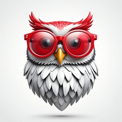 Sticker - red theme owl head cartoon with sunglasses 3d art logo design in plain white background