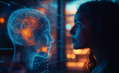 Wall Mural - A woman with a futuristic expression gazes at a digital holographic face, symbolizing the intersection of artificial intelligence and human interaction.