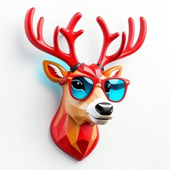 Poster - red theme reindeer head cartoon with sunglasses 3d art logo design in plain white background