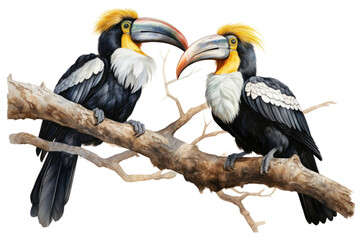 Wall Mural - PNG Colourful Knobbed hornbill Aceros cassidix couple toucan animal branch.