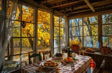 A cozy autumn kitchen with large windows, overlooking the forest in full swing of golden leaves. The table is set for two and features an array of fruits, breads, soft drinks, wine bottles