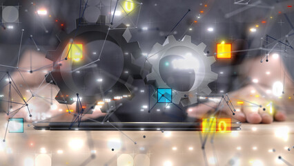 Poster - Digital cyberspace with particles and Digital data network connections concept.