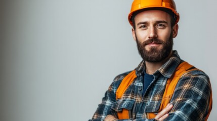 Wall Mural - Standing against a simple white backdrop, an engineer holds structural blueprints.