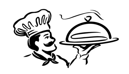 Wall Mural - Chef with cloche, tray of food in hand emblem. Restaurant or cafe logo vector illustration