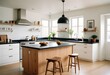 © Anyket - A modern kitchen with light wood cabinets, black countertops, and pendant lights over a central island