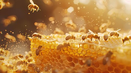 Bees swarming around honeycomb, golden light.